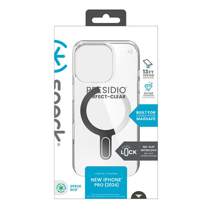 Speck Presidio Perfect-Clear ClickLock & MagSafe – dėklas iPhone 16 Pro (Skaidrus / Chromuotos apdailos / Serene Silver)