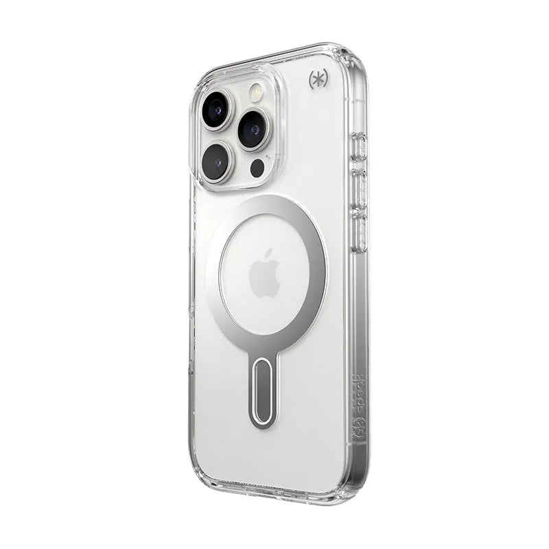 Speck Presidio Perfect-Clear ClickLock & MagSafe – dėklas iPhone 16 Pro (Skaidrus / Chromuotos apdailos / Serene Silver)