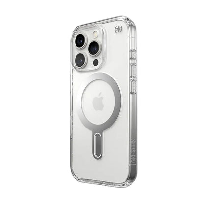 Speck Presidio Perfect-Clear ClickLock & MagSafe – dėklas iPhone 16 Pro (Skaidrus / Chromuotos apdailos / Serene Silver)