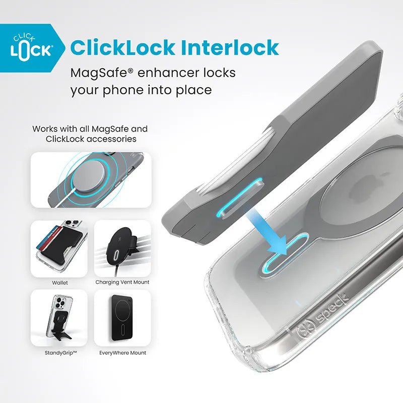 Speck Presidio Perfect-Clear ClickLock & MagSafe – dėklas iPhone 16 Pro (Skaidrus / Chromuotos apdailos / Serene Silver)