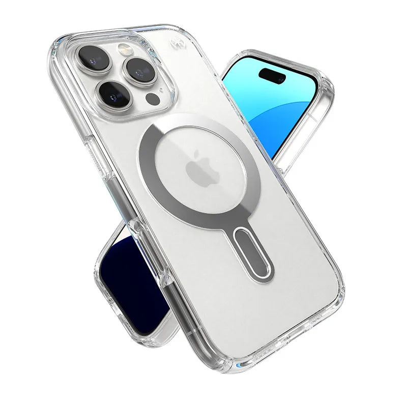 Speck Presidio Perfect-Clear ClickLock & MagSafe – dėklas iPhone 16 Pro (Skaidrus / Chromuotos apdailos / Serene Silver)