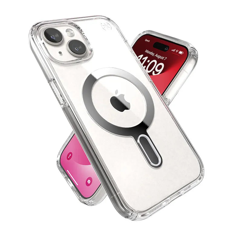 Speck Presidio Perfect-Clear ClickLock & MagSafe – Dėklas iPhone 17e / 16e / 15 / 14 / 13 (Skaidrus / Chromo apdaila / Serene Silver)