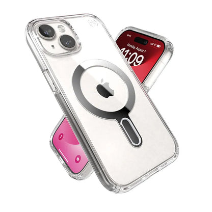 Speck Presidio Perfect-Clear ClickLock & MagSafe – Dėklas iPhone 17e / 16e / 15 / 14 / 13 (Skaidrus / Chromo apdaila / Serene Silver)
