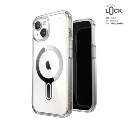Speck Presidio Perfect-Clear ClickLock & MagSafe – Dėklas iPhone 17e / 16e / 15 / 14 / 13 (Skaidrus / Chromo apdaila / Serene Silver)