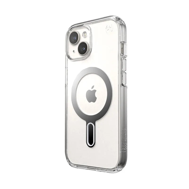 Speck Presidio Perfect-Clear ClickLock & MagSafe – Dėklas iPhone 17e / 16e / 15 / 14 / 13 (Skaidrus / Chromo apdaila / Serene Silver)