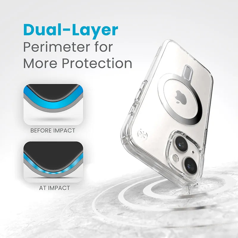 Speck Presidio Perfect-Clear ClickLock & MagSafe – Dėklas iPhone 17e / 16e / 15 / 14 / 13 (Skaidrus / Chromo apdaila / Serene Silver)