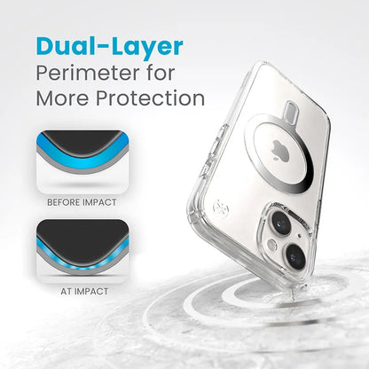 Speck Presidio Perfect-Clear ClickLock & MagSafe – Dėklas iPhone 17e / 16e / 15 / 14 / 13 (Skaidrus / Chromo apdaila / Serene Silver)