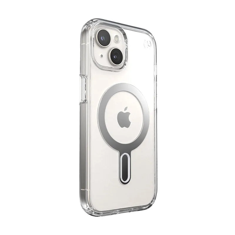 Speck Presidio Perfect-Clear ClickLock & MagSafe – Dėklas iPhone 17e / 16e / 15 / 14 / 13 (Skaidrus / Chromo apdaila / Serene Silver)