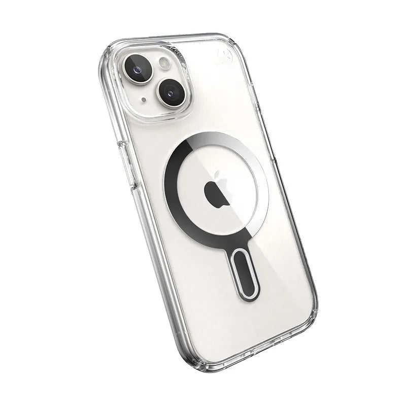 Speck Presidio Perfect-Clear ClickLock & MagSafe – Dėklas iPhone 17e / 16e / 15 / 14 / 13 (Skaidrus / Chromo apdaila / Serene Silver)