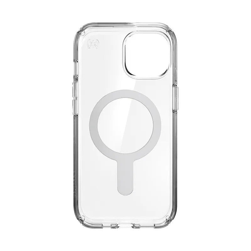 Speck Presidio Perfect-Clear ClickLock & MagSafe – Dėklas iPhone 17e / 16e / 15 / 14 / 13 (Skaidrus / Chromo apdaila / Serene Silver)