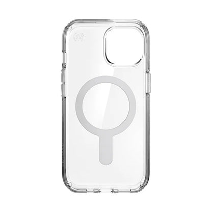 Speck Presidio Perfect-Clear ClickLock & MagSafe – Dėklas iPhone 17e / 16e / 15 / 14 / 13 (Skaidrus / Chromo apdaila / Serene Silver)