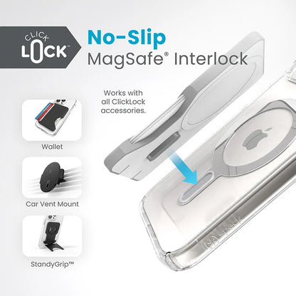 Speck Presidio Perfect-Clear ClickLock & MagSafe – Dėklas iPhone 17e / 16e / 15 / 14 / 13 (Skaidrus / Chromo apdaila / Serene Silver)