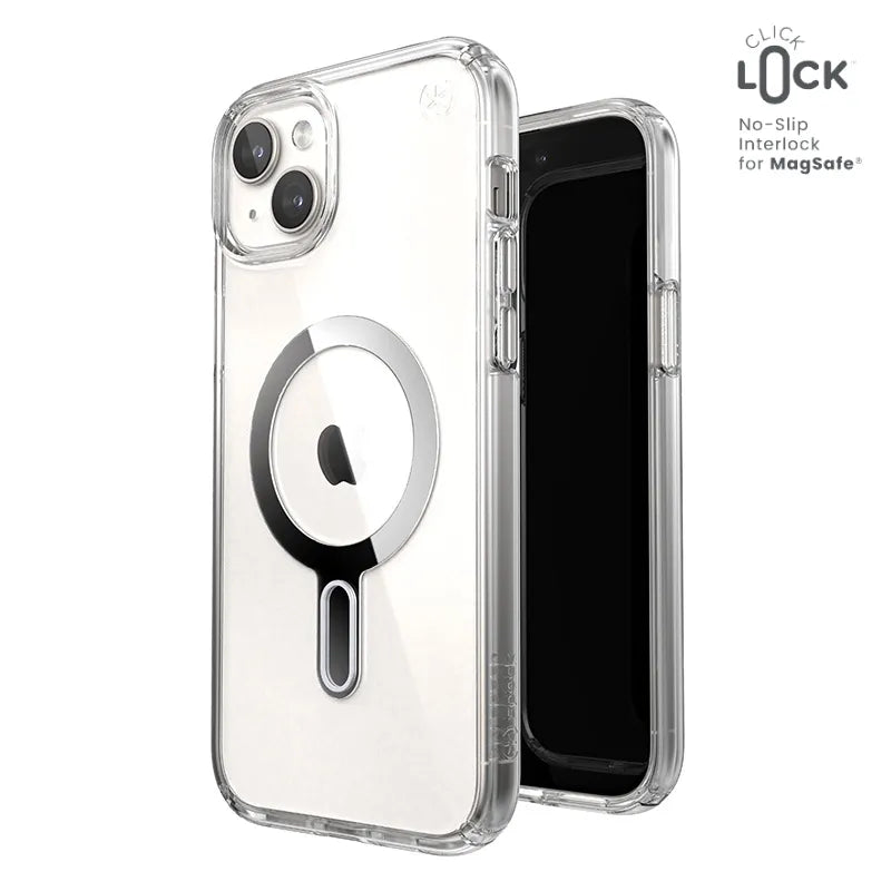 Speck Presidio Perfect-Clear ClickLock & Magsafe - iPhone 15 Plus / iPhone 14 Plus dėklas (Skaidrus / Chromo apdaila / Serene Silver)