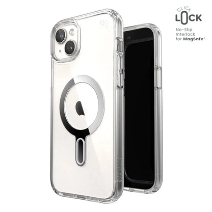 Speck Presidio Perfect-Clear ClickLock & Magsafe - iPhone 15 Plus / iPhone 14 Plus dėklas (Skaidrus / Chromo apdaila / Serene Silver)