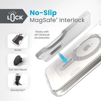 Speck Presidio Perfect-Clear ClickLock & Magsafe - iPhone 15 Plus / iPhone 14 Plus dėklas (Skaidrus / Chromo apdaila / Serene Silver)
