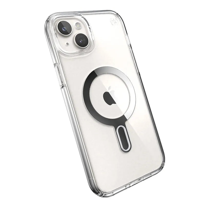 Speck Presidio Perfect-Clear ClickLock & Magsafe - iPhone 15 Plus / iPhone 14 Plus dėklas (Skaidrus / Chromo apdaila / Serene Silver)