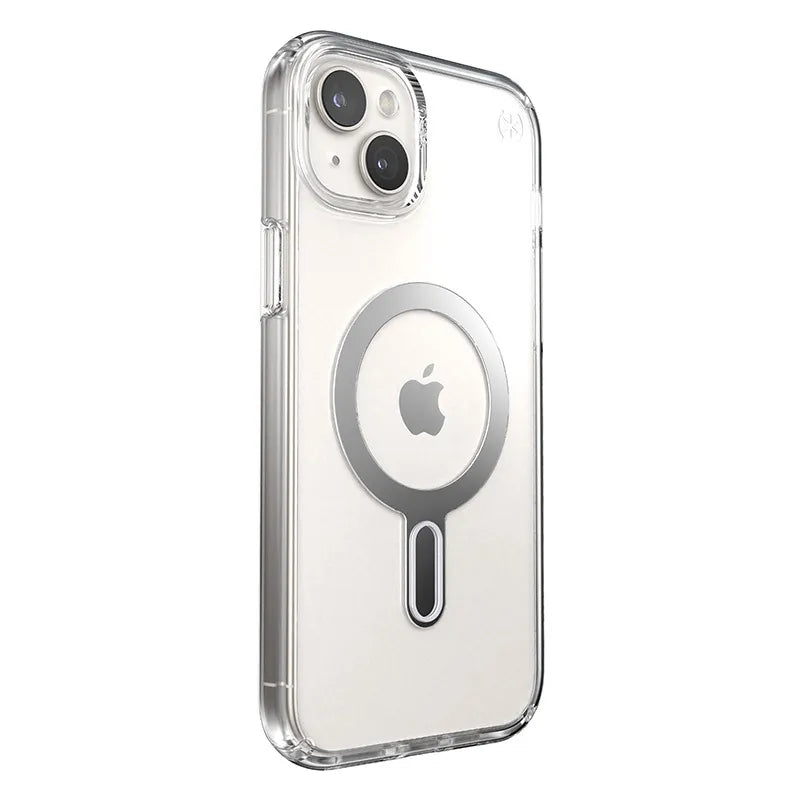 Speck Presidio Perfect-Clear ClickLock & Magsafe - iPhone 15 Plus / iPhone 14 Plus dėklas (Skaidrus / Chromo apdaila / Serene Silver)