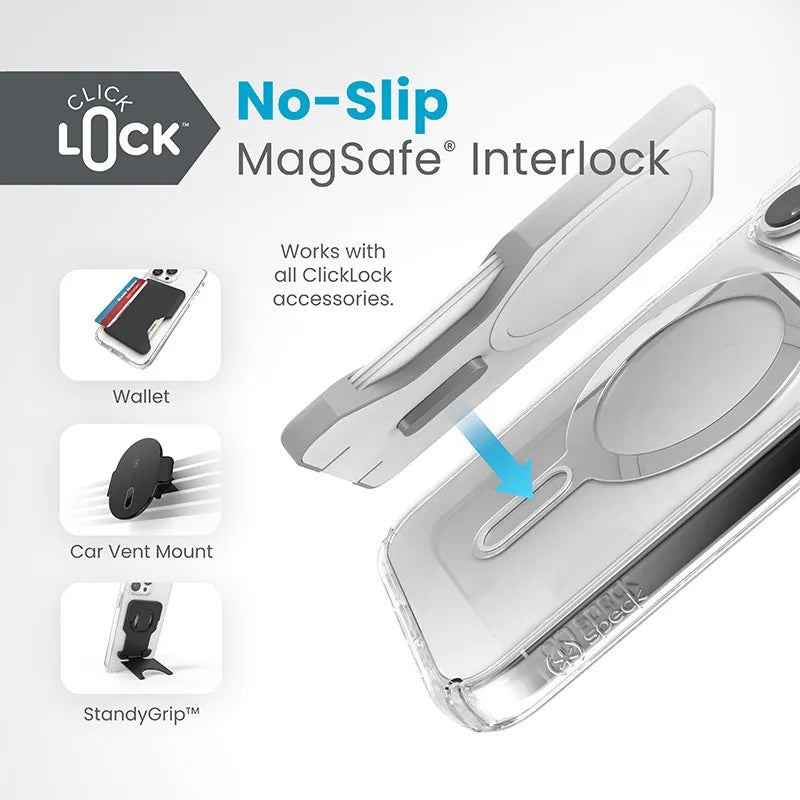 Speck Presidio Perfect-Clear ClickLock & Magsafe - iPhone 15 Pro dėklas (Skaidrus / Chromo apdaila / Serene Silver)