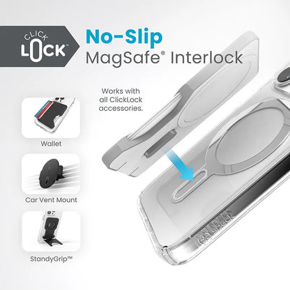 Speck Presidio Perfect-Clear ClickLock & Magsafe - iPhone 15 Pro dėklas (Skaidrus / Chromo apdaila / Serene Silver)