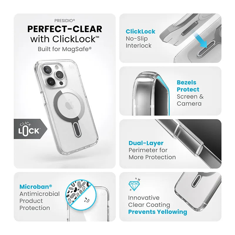 Speck Presidio Perfect-Clear ClickLock & Magsafe - iPhone 15 Pro dėklas (Skaidrus / Chromo apdaila / Serene Silver)