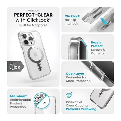 Speck Presidio Perfect-Clear ClickLock & Magsafe - iPhone 15 Pro dėklas (Skaidrus / Chromo apdaila / Serene Silver)