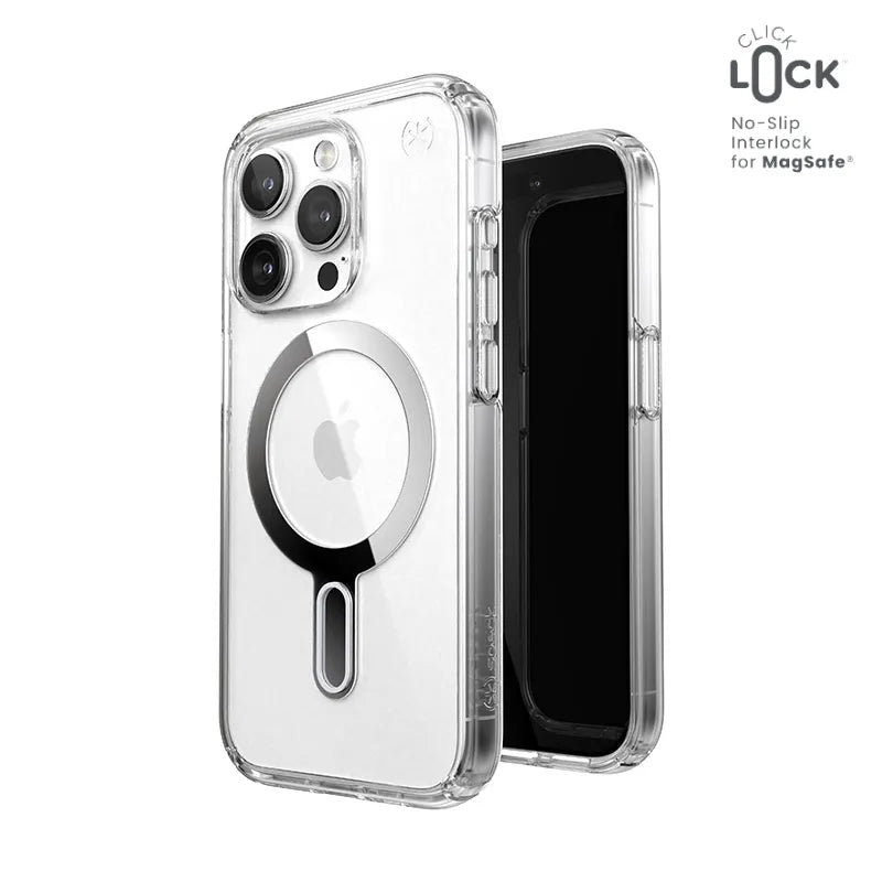 Speck Presidio Perfect-Clear ClickLock & Magsafe - iPhone 15 Pro dėklas (Skaidrus / Chromo apdaila / Serene Silver)