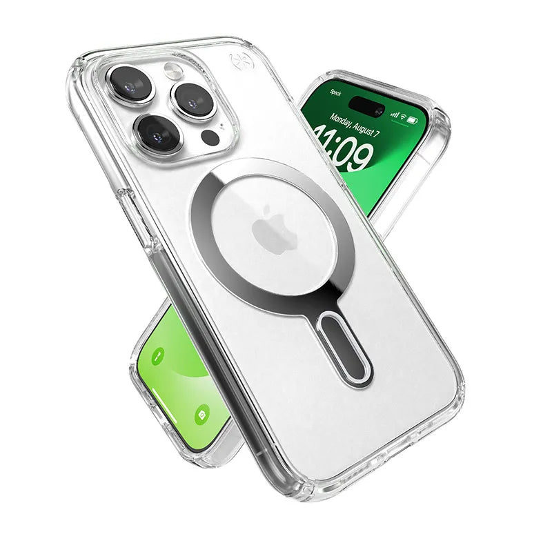 Speck Presidio Perfect-Clear ClickLock & Magsafe - iPhone 15 Pro dėklas (Skaidrus / Chromo apdaila / Serene Silver)