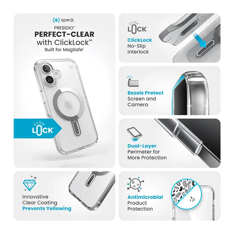 Speck Presidio Perfect-Clear ClickLock & MagSafe – iPhone 16 dėklas (skaidrus / chromo apdaila / serene sidabro)