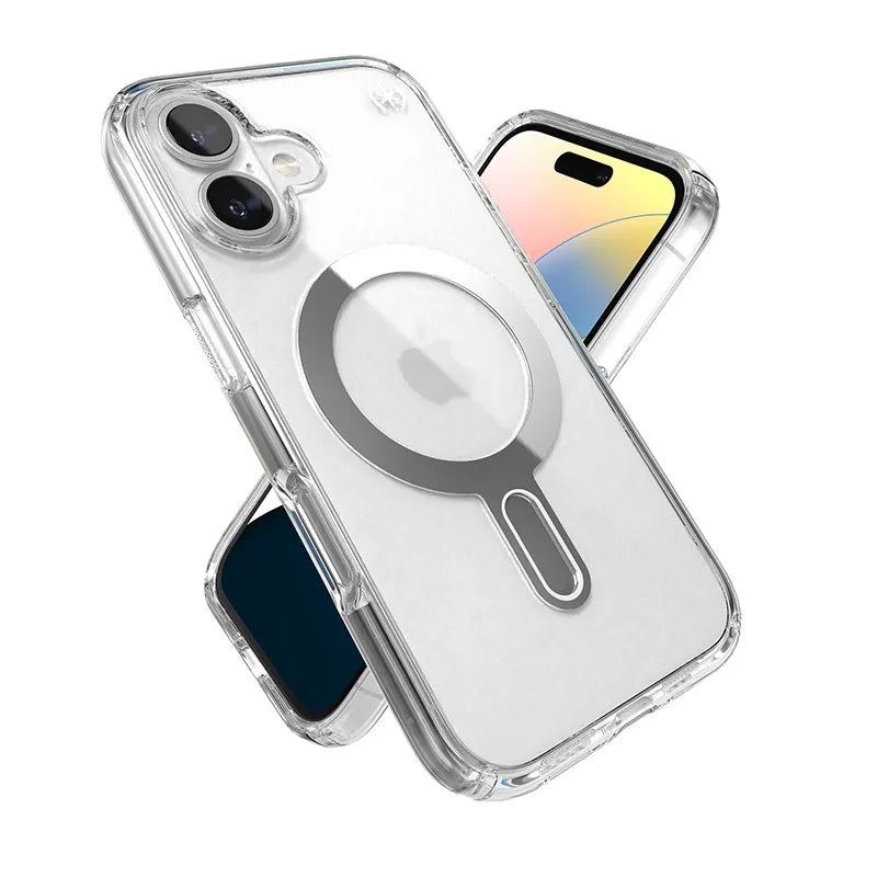 Speck Presidio Perfect-Clear ClickLock & MagSafe – iPhone 16 dėklas (skaidrus / chromo apdaila / serene sidabro)
