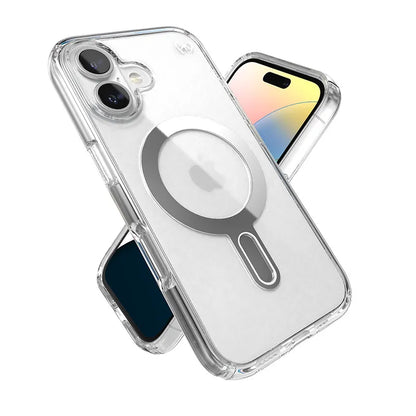 Speck Presidio Perfect-Clear ClickLock & MagSafe – iPhone 16 dėklas (skaidrus / chromo apdaila / serene sidabro)