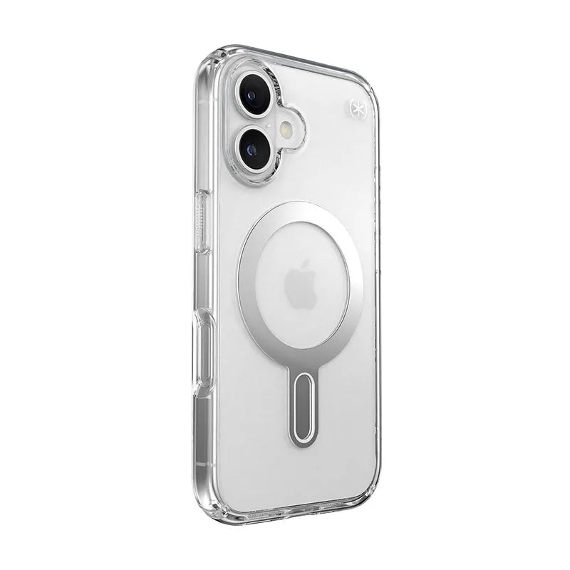 Speck Presidio Perfect-Clear ClickLock & MagSafe – iPhone 16 dėklas (skaidrus / chromo apdaila / serene sidabro)