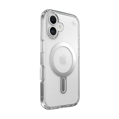 Speck Presidio Perfect-Clear ClickLock & MagSafe – iPhone 16 dėklas (skaidrus / chromo apdaila / serene sidabro)