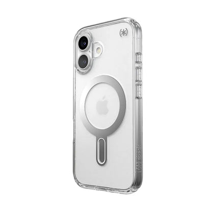Speck Presidio Perfect-Clear ClickLock & MagSafe – iPhone 16 dėklas (skaidrus / chromo apdaila / serene sidabro)