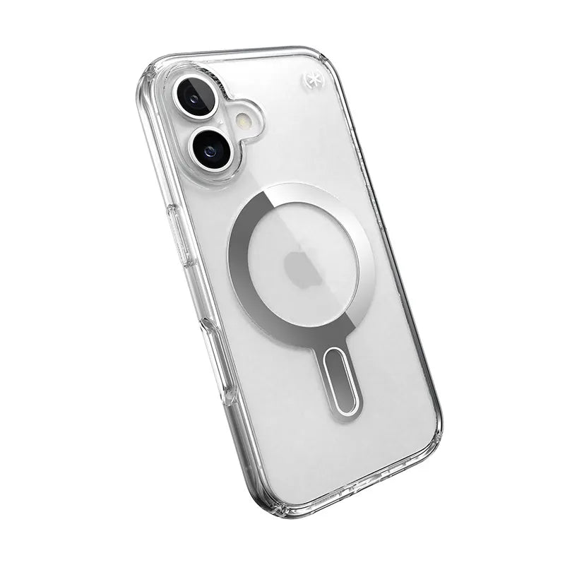 Speck Presidio Perfect-Clear ClickLock & MagSafe – iPhone 16 dėklas (skaidrus / chromo apdaila / serene sidabro)