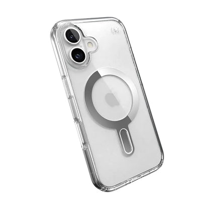 Speck Presidio Perfect-Clear ClickLock & MagSafe – iPhone 16 dėklas (skaidrus / chromo apdaila / serene sidabro)