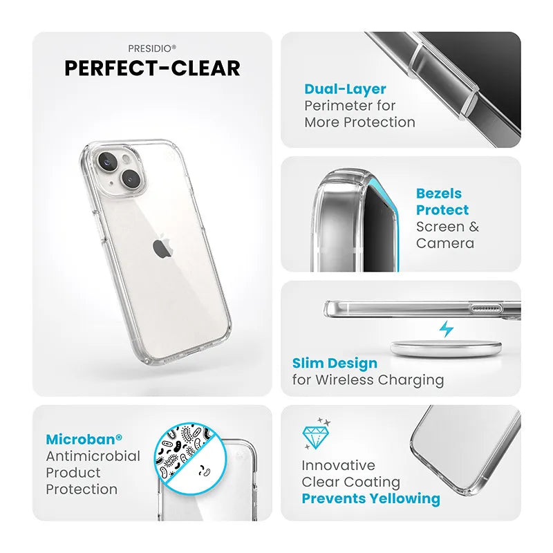 Speck Presidio Perfect-Clear dėklas iPhone 17e / 16e / 15 / 14 / 13 (Skaidrus)