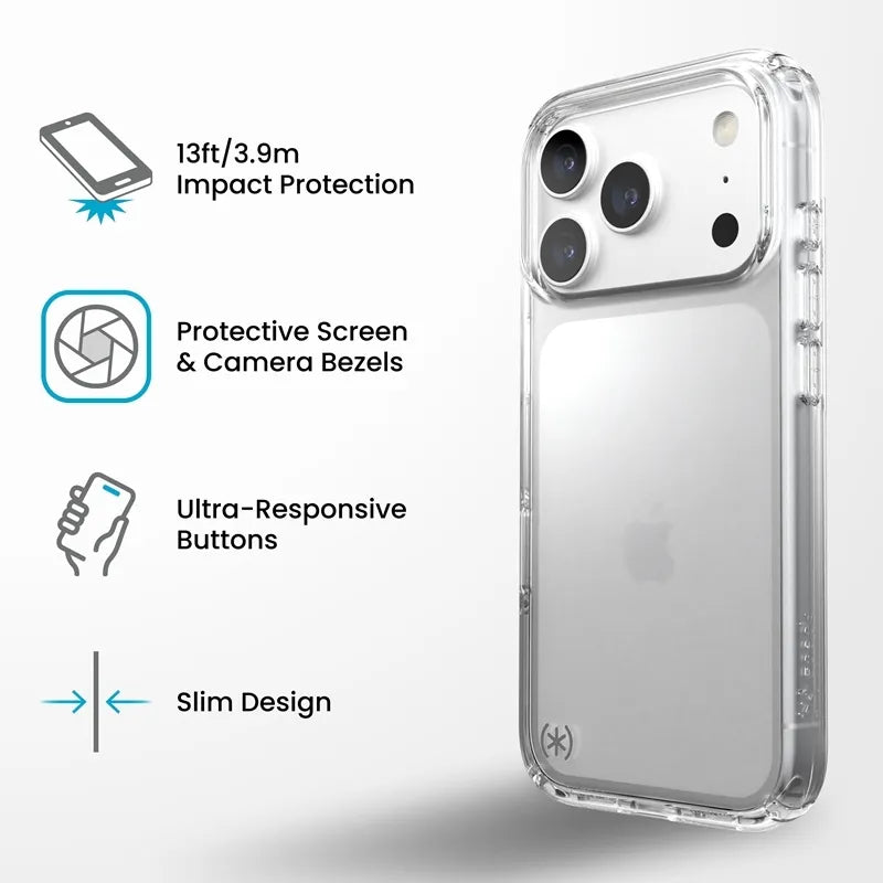 Speck Presidio Perfect Clear – dėklas, skirtas iPhone 18 Pro / 17 Pro (skaidrus)