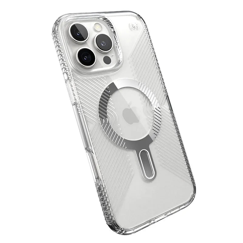 Speck Presidio Perfect-Clear Grip ClickLock ir MagSafe – iPhone 16 Pro Max dėklas (Skaidrus / Chromo apdaila / Serene Silver)