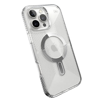 Speck Presidio Perfect-Clear Grip ClickLock ir MagSafe – iPhone 16 Pro Max dėklas (Skaidrus / Chromo apdaila / Serene Silver)