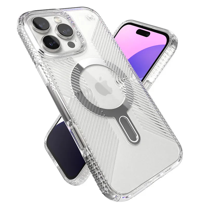 Speck Presidio Perfect-Clear Grip ClickLock ir MagSafe – iPhone 16 Pro Max dėklas (Skaidrus / Chromo apdaila / Serene Silver)
