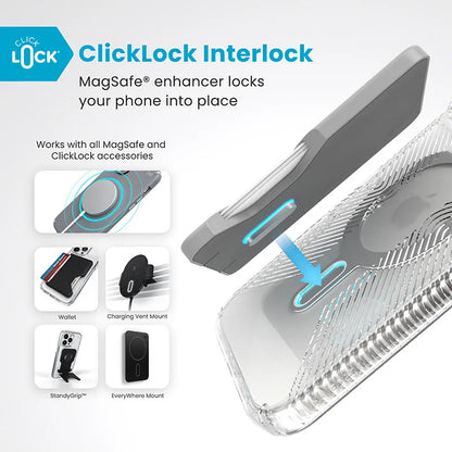 Speck Presidio Perfect-Clear Grip ClickLock ir MagSafe – iPhone 16 Pro Max dėklas (Skaidrus / Chromo apdaila / Serene Silver)