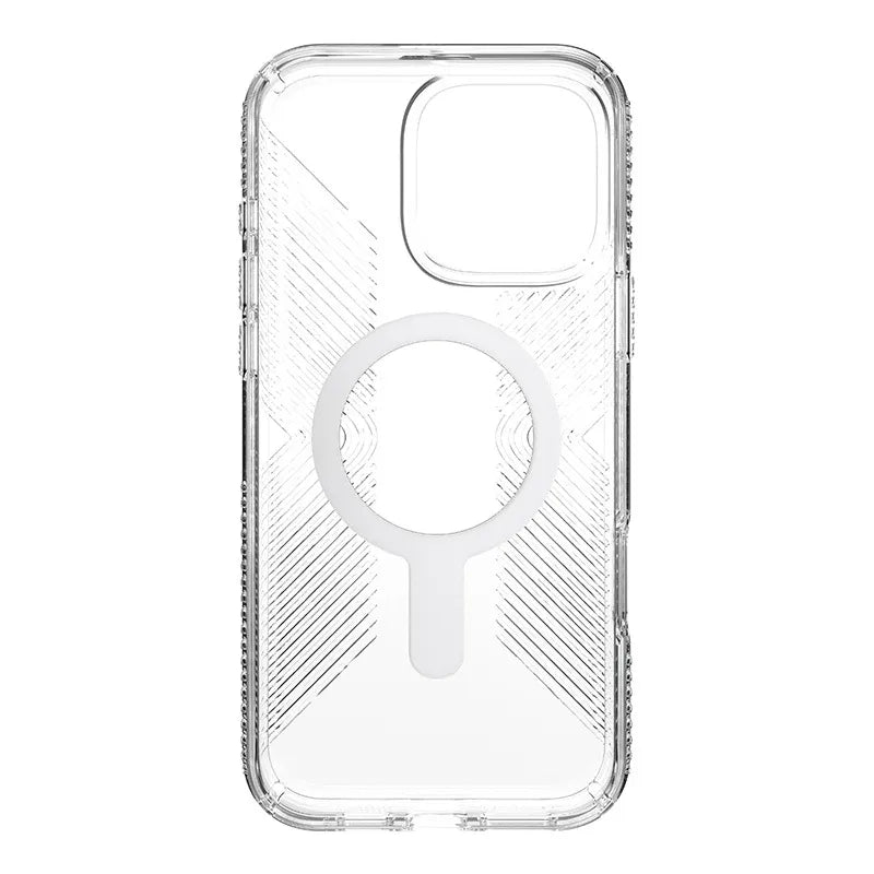 Speck Presidio Perfect-Clear Grip ClickLock ir MagSafe – iPhone 16 Pro Max dėklas (Skaidrus / Chromo apdaila / Serene Silver)