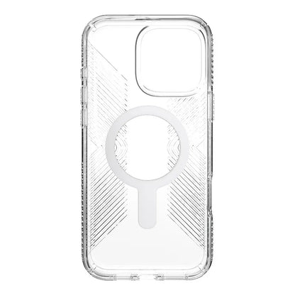 Speck Presidio Perfect-Clear Grip ClickLock ir MagSafe – iPhone 16 Pro Max dėklas (Skaidrus / Chromo apdaila / Serene Silver)