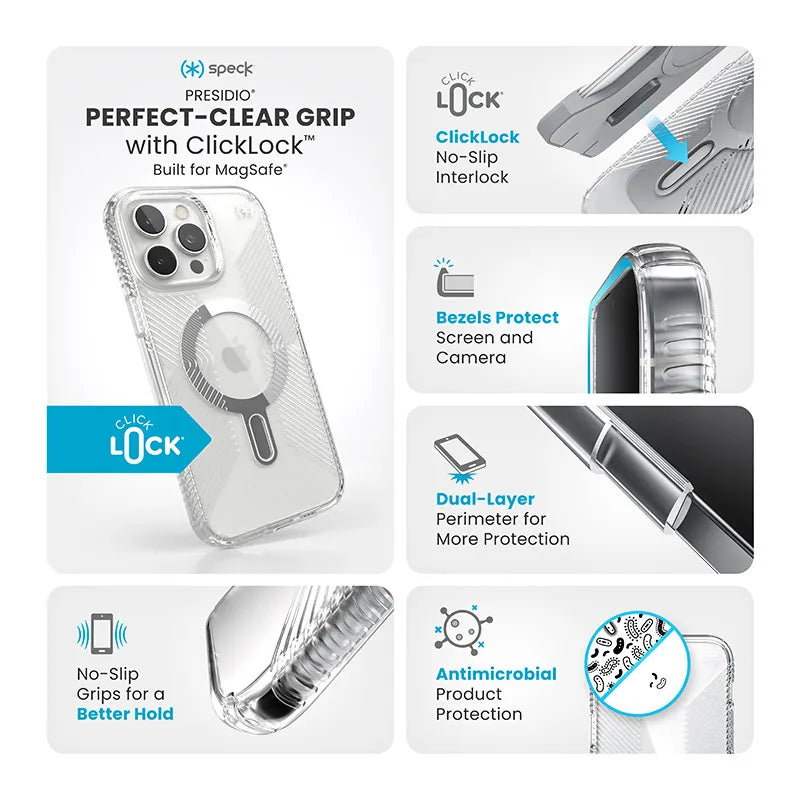 Speck Presidio Perfect-Clear Grip ClickLock ir MagSafe – iPhone 16 Pro Max dėklas (Skaidrus / Chromo apdaila / Serene Silver)