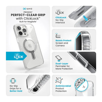 Speck Presidio Perfect-Clear Grip ClickLock ir MagSafe – iPhone 16 Pro Max dėklas (Skaidrus / Chromo apdaila / Serene Silver)