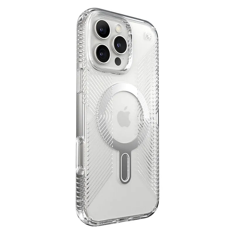 Speck Presidio Perfect-Clear Grip ClickLock ir MagSafe – iPhone 16 Pro Max dėklas (Skaidrus / Chromo apdaila / Serene Silver)