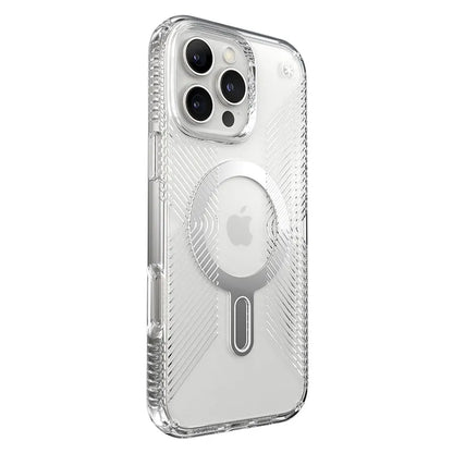 Speck Presidio Perfect-Clear Grip ClickLock ir MagSafe – iPhone 16 Pro Max dėklas (Skaidrus / Chromo apdaila / Serene Silver)