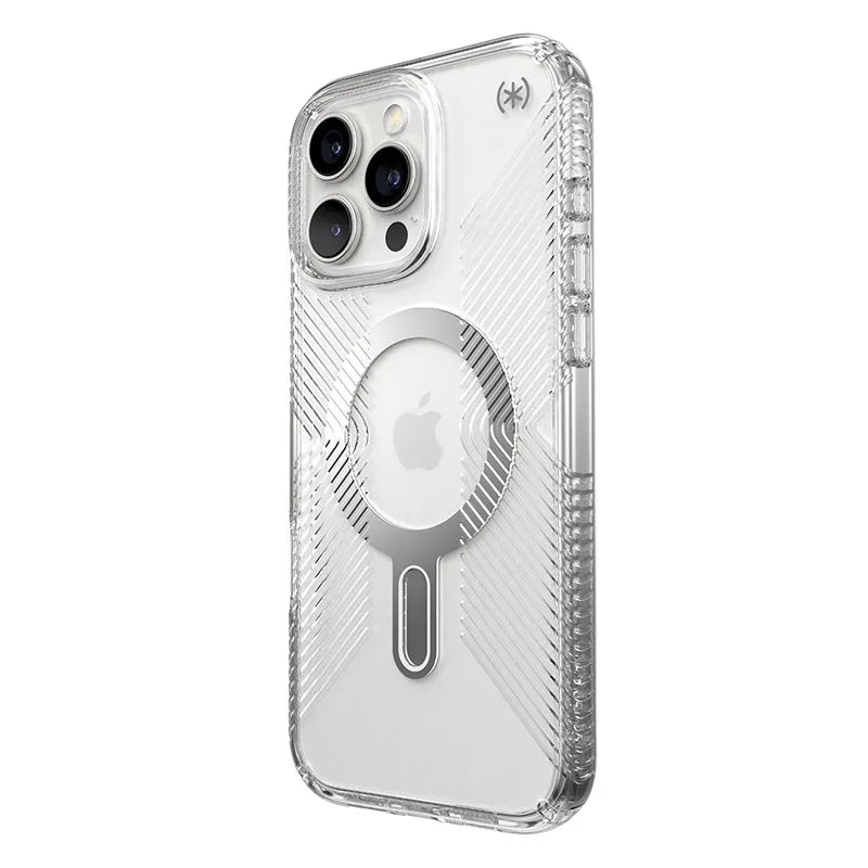 Speck Presidio Perfect-Clear Grip ClickLock ir MagSafe – iPhone 16 Pro Max dėklas (Skaidrus / Chromo apdaila / Serene Silver)
