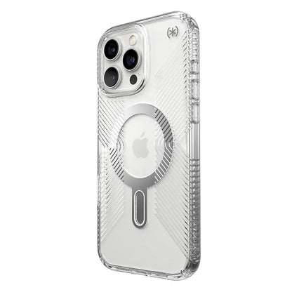 Speck Presidio Perfect-Clear Grip ClickLock ir MagSafe – iPhone 16 Pro Max dėklas (Skaidrus / Chromo apdaila / Serene Silver)