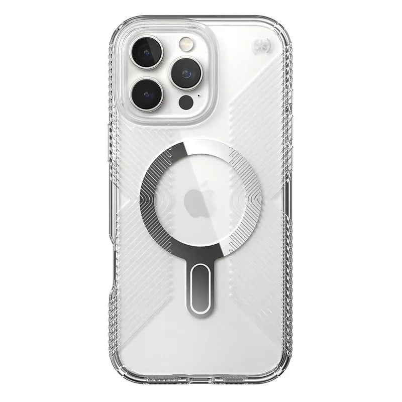 Speck Presidio Perfect-Clear Grip ClickLock ir MagSafe – iPhone 16 Pro Max dėklas (Skaidrus / Chromo apdaila / Serene Silver)
